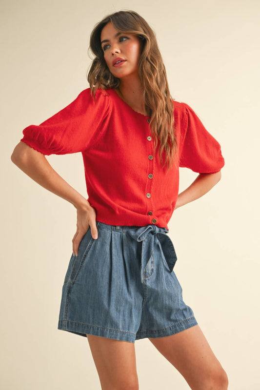 Red Puff Short Sleeve Knit Cardigan