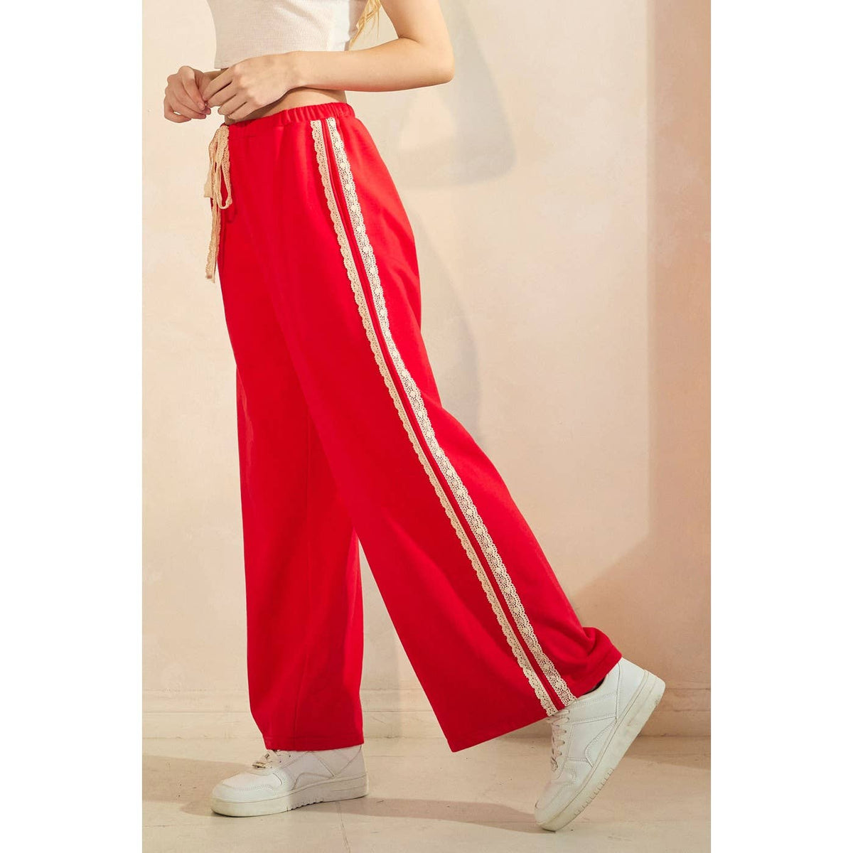 Red Lace Striped Elastic Waist Terry Sweatpants