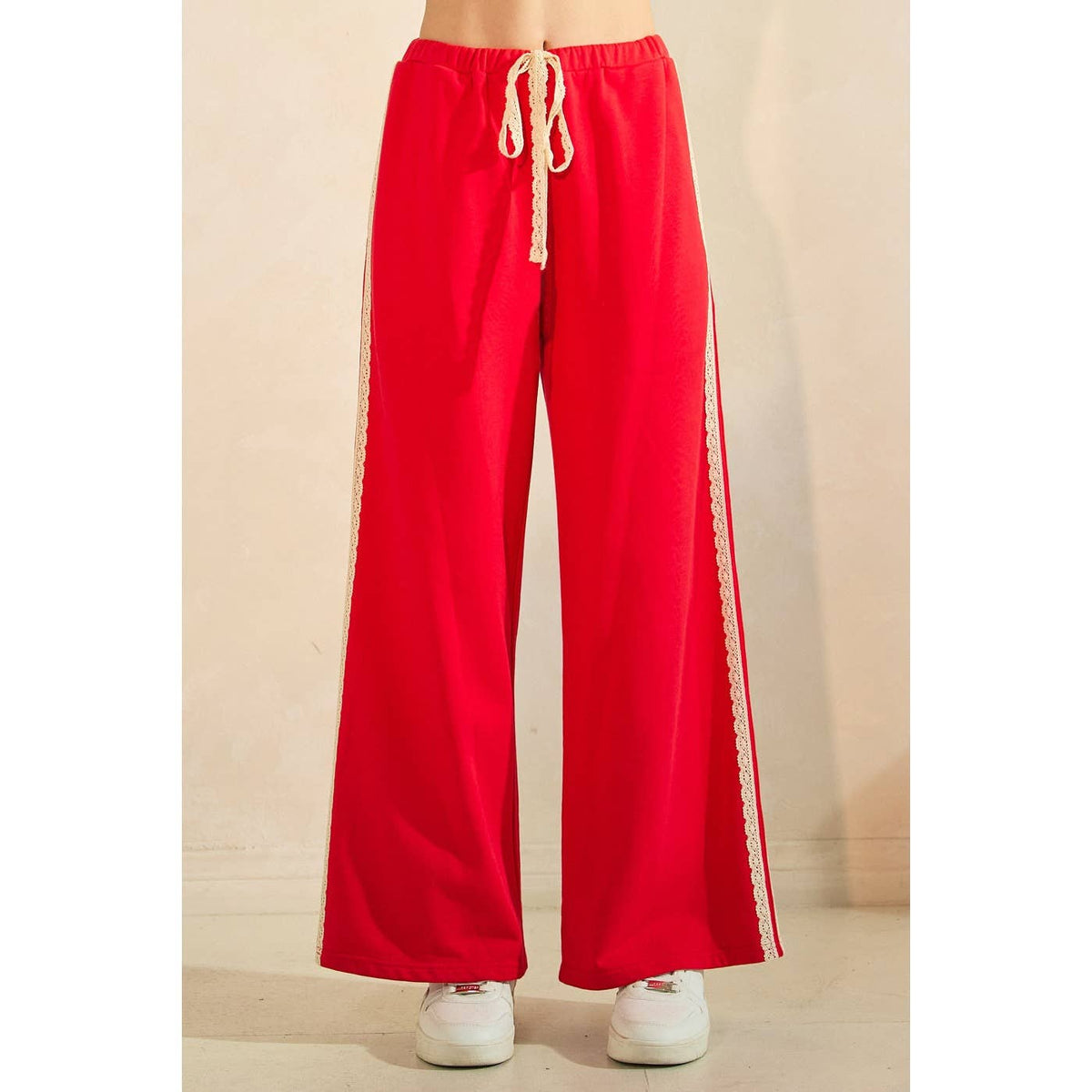 Red Lace Striped Elastic Waist Terry Sweatpants