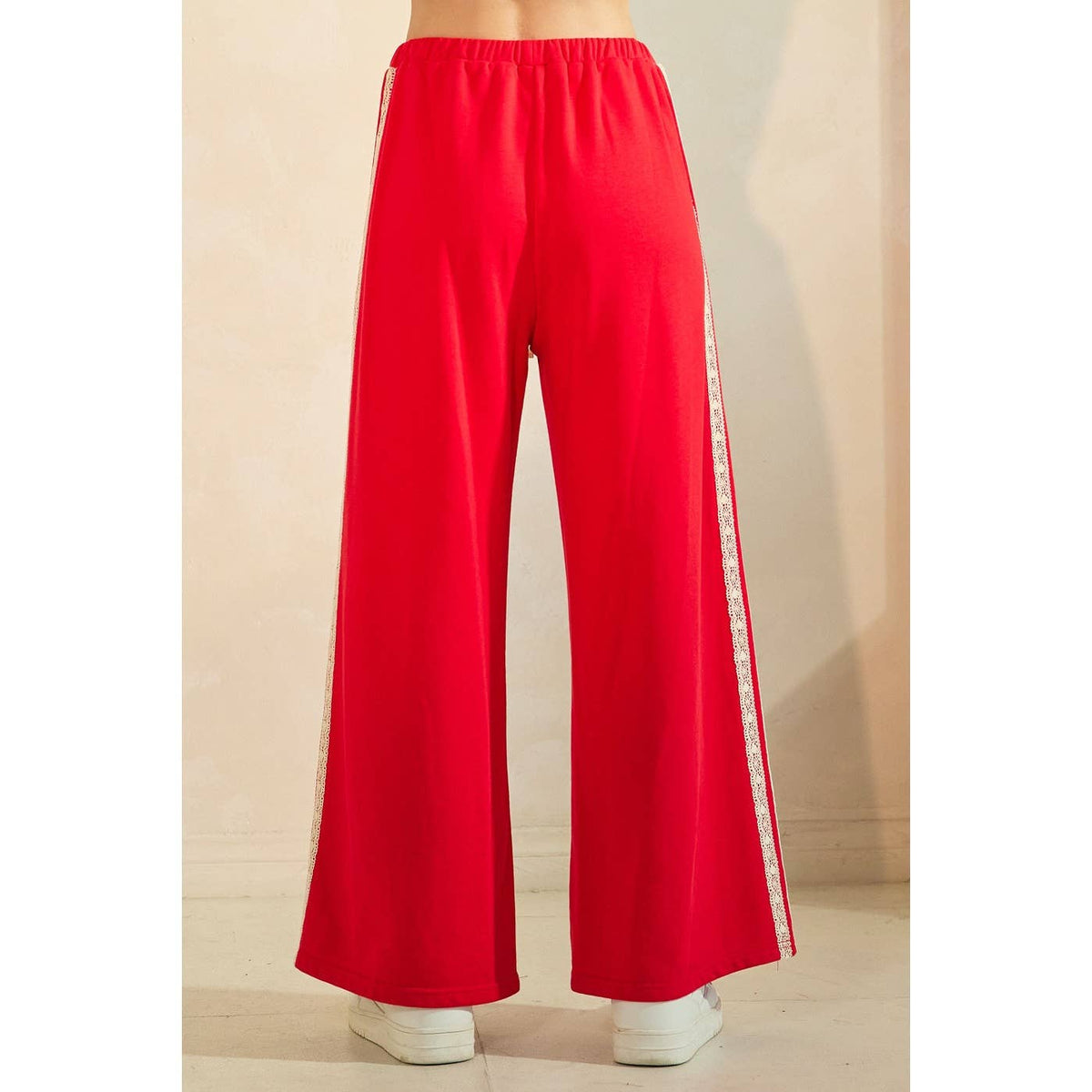 Red Lace Striped Elastic Waist Terry Sweatpants