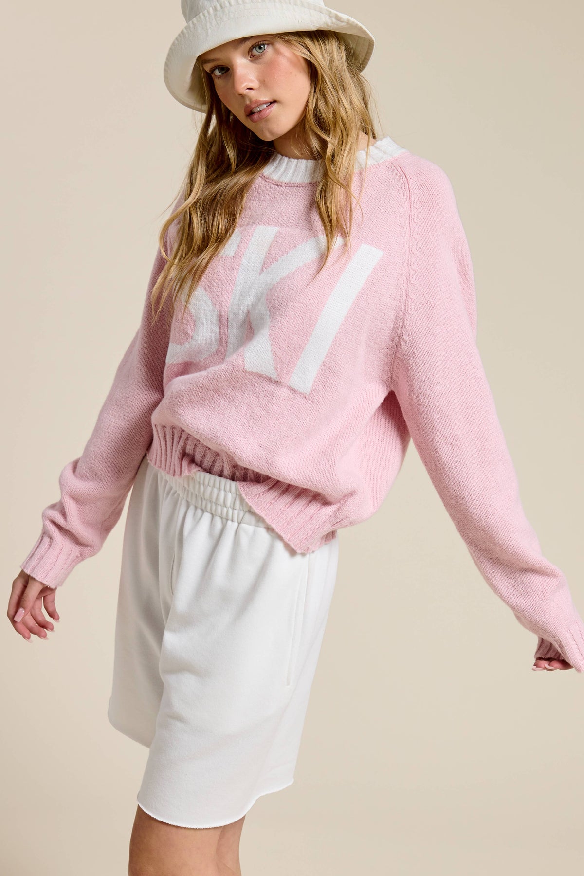 Baby Pink SKI Knit Graphic Pullover Sweater