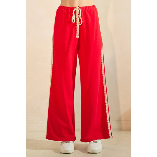 Red Lace Striped Elastic Waist Terry Sweatpants